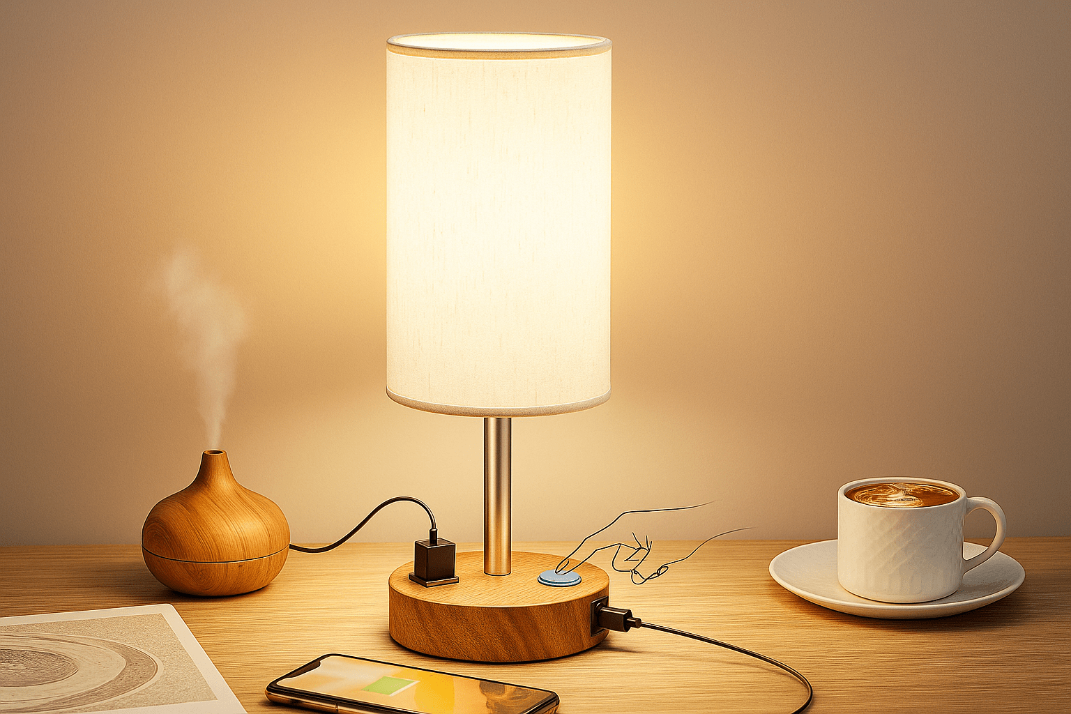 Touch Bedside Table Lamp with USB - C & AC Outlet – Wood Base + LED Bulb - Cozy Seasons