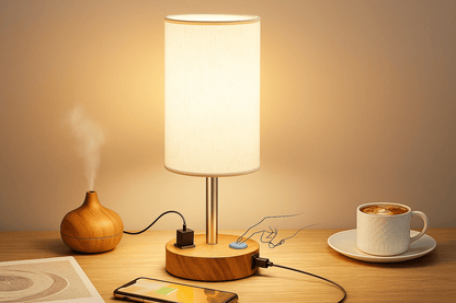 Touch Bedside Table Lamp with USB - C & AC Outlet – Wood Base + LED Bulb - Cozy Seasons