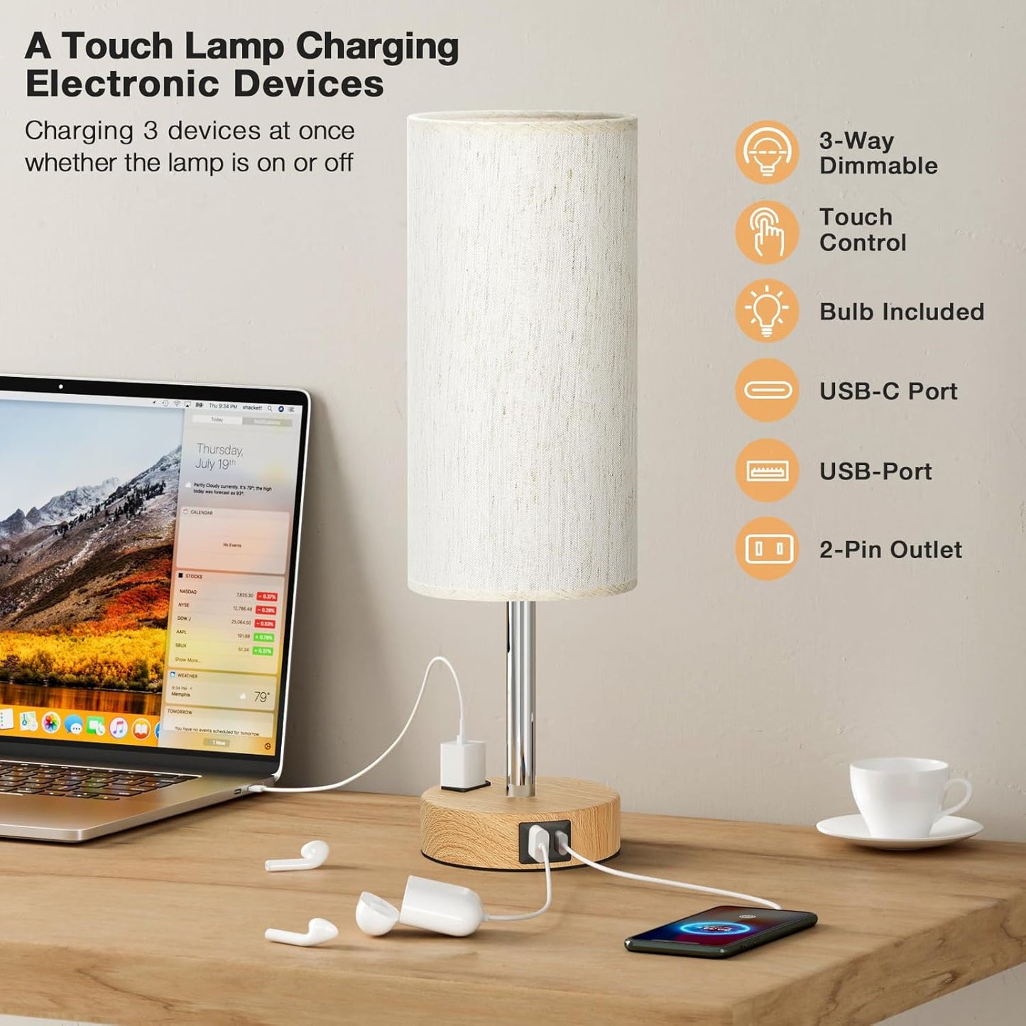 3 - Way Dimmable Touch Bedside Table Lamp with USB Charging - Cozy Seasons