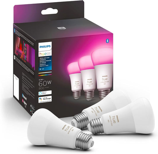 Philips Hue A19 Smart LED Bulb 3 - Pack – White & Color Ambiance, App + Voice Control - Cozy Seasons