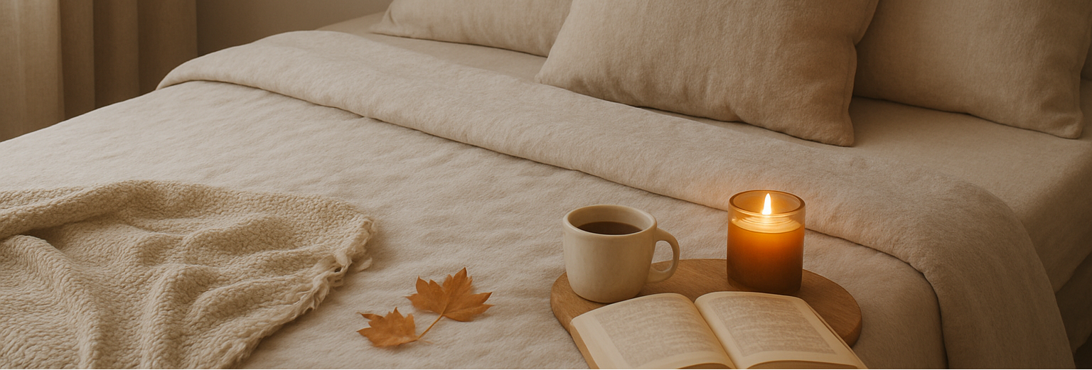 Cozy bedroom scene with a bed, candles, coffee, and an open book.
